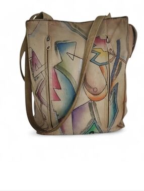 Vintage SAM SAM Hand Painted Genuine Leather Boho Shoulder Bag Tan